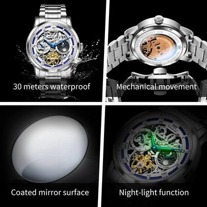OLEVS 6670 Mens Watch Luxury Brand Skeleton Mechanical Watch Moon Phase Stainless Steel Watches For Man Gifts Box High Quality