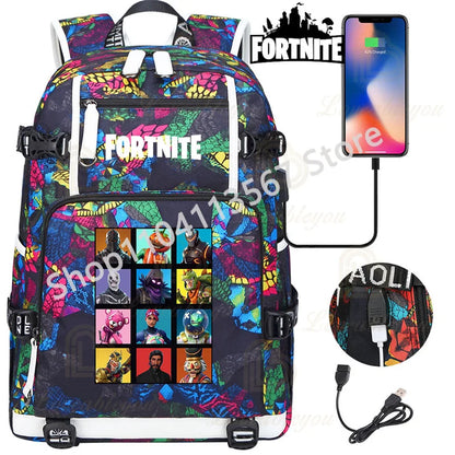 Mochila Red Jade F-Fortnited Battle Royale com carregamento USB, figuras anime e compartimento para material escolar para estudantes