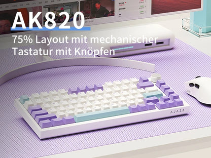 German Version Ajazz Ak820 Gaming Mechanical Keyboard, German Keyboard, ISO-DE Layout Qwertz Hot-Swappable Volume Knob, Holiday Gift