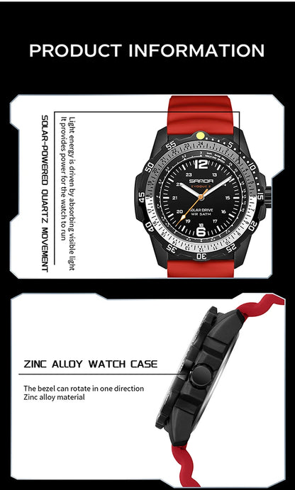 SANDA Luxury Men's Solar-powered Watch Creative Quartz Dial Luminous Hands Waterproof Sport Student Wristwatch Innovative Design