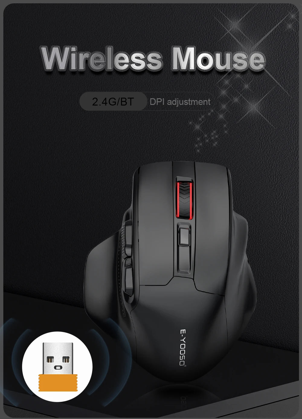 Rato Gaming E-YOOSO X-31 Pro USB Grande com Suporte Bluetooth 2.4G Sem Fios PAW3212 4800 DPI para Gamer, Computador Portátil e PC