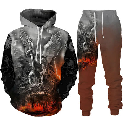 Conjunto de fato de treino para homem e mulher com estampado 3D de dragão retro tatuado, hoodie casual + calças, conjunto de 2 peças, sweatshirt oversized, moda masculina