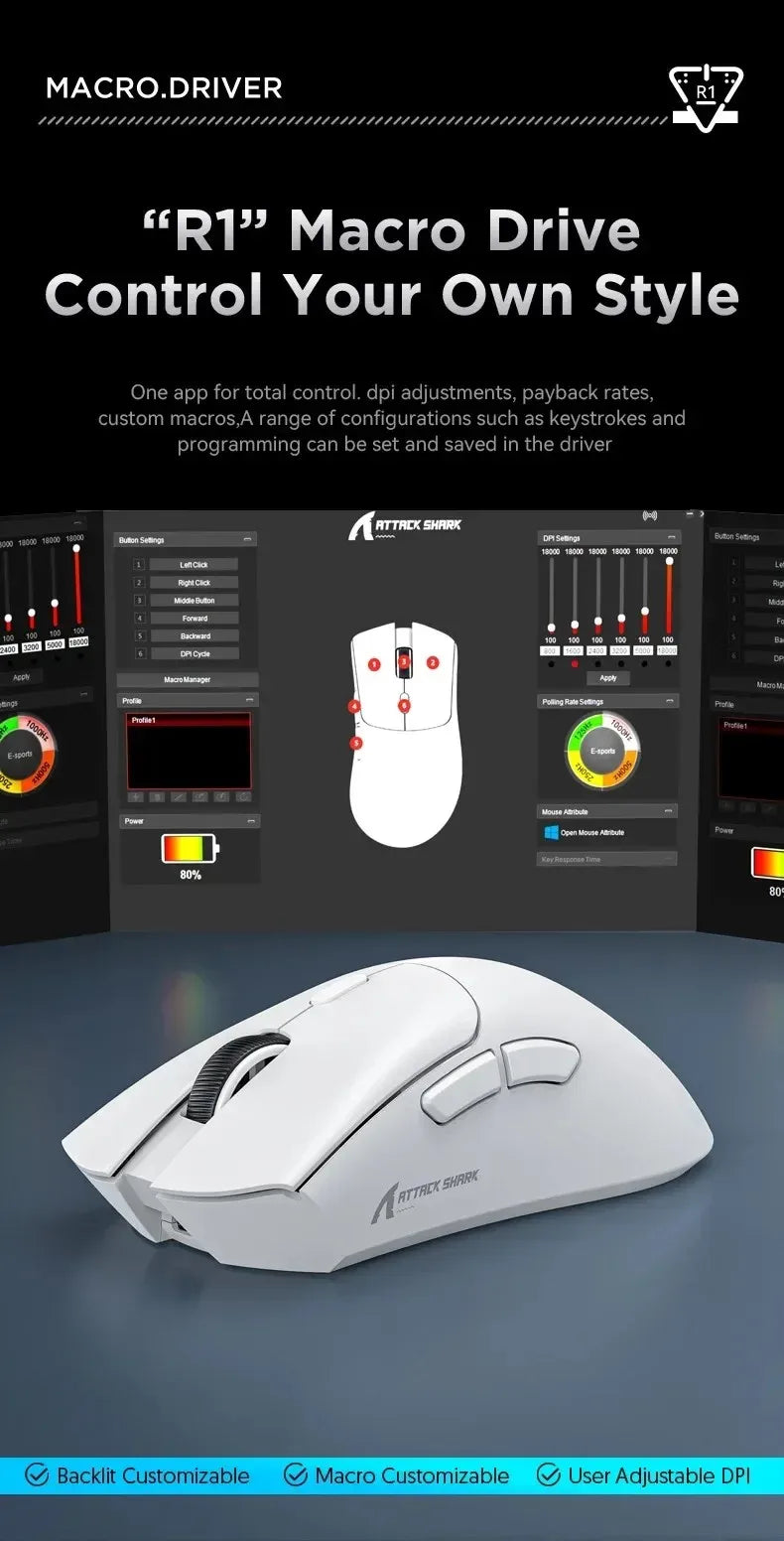 Rato ultraleve ATTACK SHARK R1 59g com PAW3311, 18000DPI, 400IPS, 40G, 1000Hz, Tri-Mode, controlador Broadcom BK3633, 20 milhões de cliques