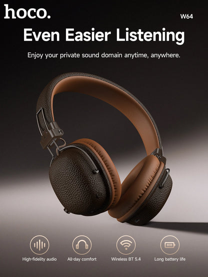 HOCO W64 Retro Bluetooth 5.4 Wireless Headphones with 40mm Deep Bass, PU Leather Over-Ear HiFi Music Headset for Sports & Travel