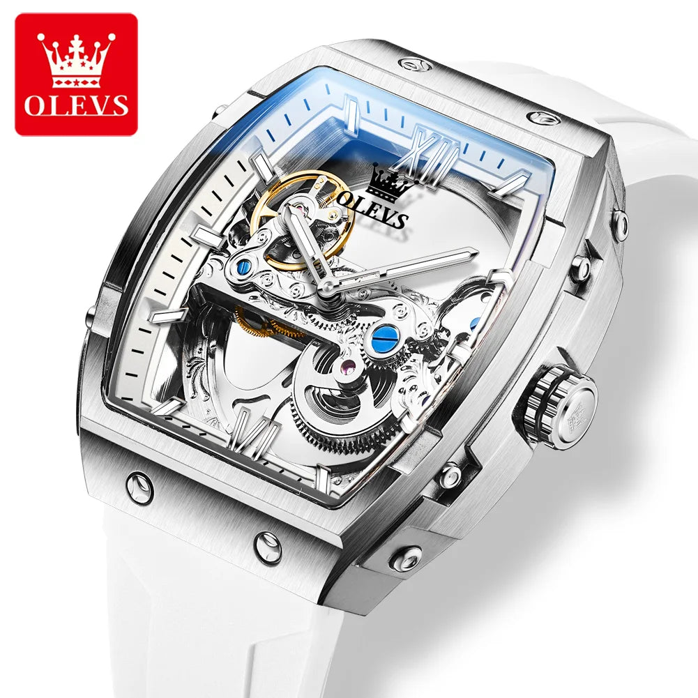  OLEVS Automatic Men Watch White Rubber Strap Mechanical Tourbillon Watches Men Luminous Watches Waterproof