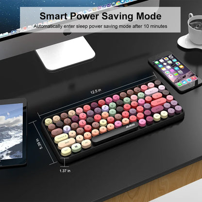 AJAZZ 308i Wireless Bluetooth Keyboard 84 Keys Rechargeable Retro Round Typewriter Keycaps, Portable Mechanical Keyboard