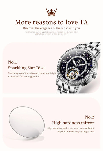 OLEVS Brand Fashion Women Mechanical Watches Starry Sky Dial Diamond Automatic Wristwatch Ladies Waterproof Luminous Clock Women