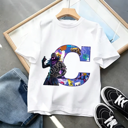 T-shirt Infantil Branco Fortnite com Estampado Alfabeto A-Z — Roupa de Verão, Jogo de Desenhos Animados Popular, Manga Curta Casual, Presente de Moda