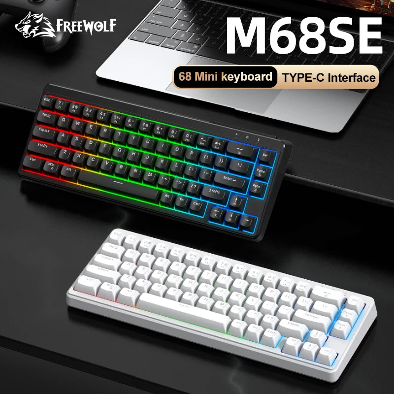 FREEWOLF M68SE Mechanical Feel Keyboard 68 Keys Mini Wired Compact Keyboard Silent for Laptops, Gaming and Office Use
