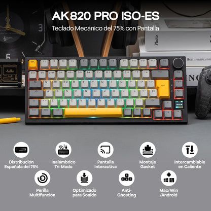 ISO-ES Layout EPOMAKER X AJAZZ AK820 PRO 75% Spanish Layout Wired/2.4GHz/BT Mechanical Keyboard with Screen & Knob for PC/Mac