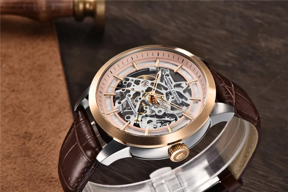 PAGANI DESIGN Új, csontvázszerkezetű férfi mechanikus karórák – csúcsminőségű luxus automata karórák férfiaknak, kék bőr szíjjal, vízálló karóra férfiaknak
