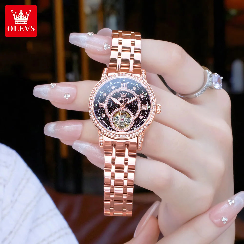 OLEVS Brand Fashion Women Mechanical Watches Starry Sky Dial Diamond Automatic Wristwatch Ladies Waterproof Luminous Clock Women