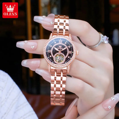 OLEVS Brand Fashion Women Mechanical Watches Starry Sky Dial Diamond Automatic Wristwatch Ladies Waterproof Luminous Clock Women