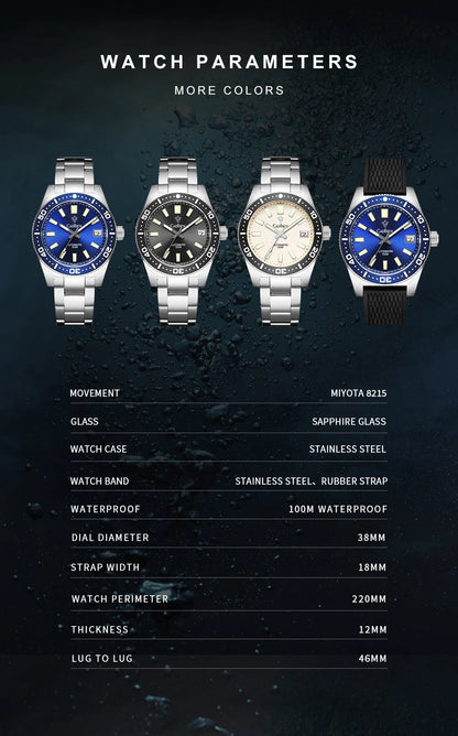 CADISEN New 38mm Diver Mens Watch Japan 8215 Automatic Mechanical Sapphire Glass Date Luminous 100M Waterproof Wrist watch Men