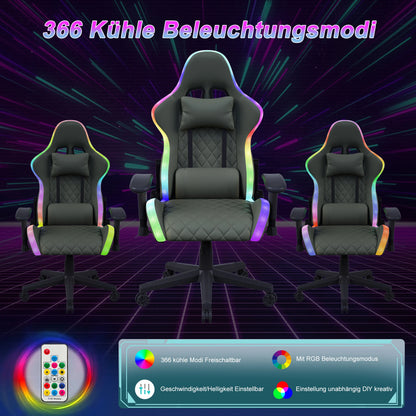 Gaming Chair, Ergonomic Gaming Chair with LED, Adjustable Computer Chair for Teenagers, Lumbar Cushion, Gamer Chair, Black
