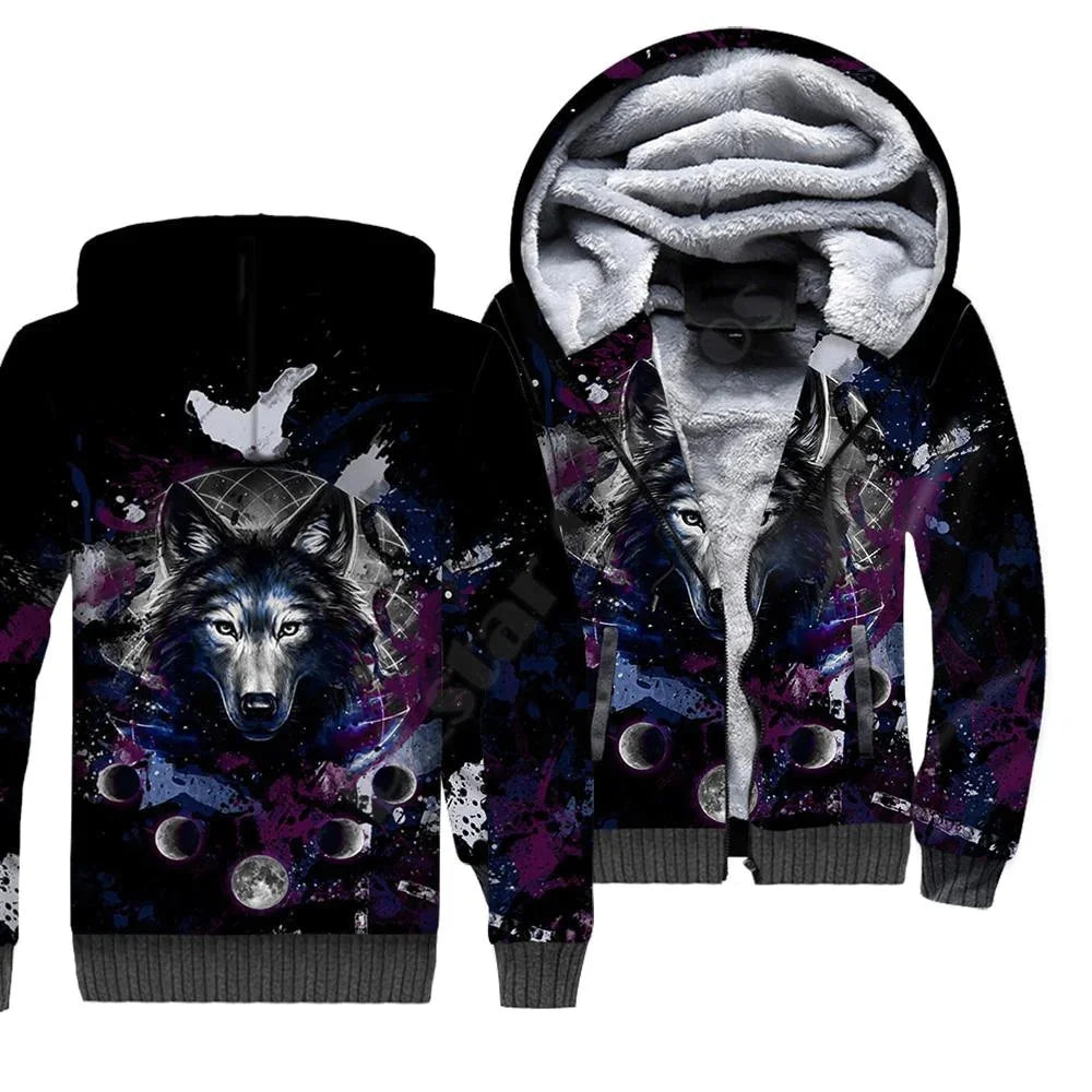 Sweatshirts com Capuz e Fecho em Polar com Estampado 3D de Lobo para Homem e Mulher, Casaco de Inverno Quente em Veludo Duplo Plus, Fatos de Cosplay JR09