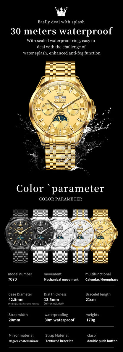 OLEVS 7070 Automatic Men's Watches Luxury Multi functional  Perpetual Calendar Moon Phase Luminous Mechanical Wristwatch For Man