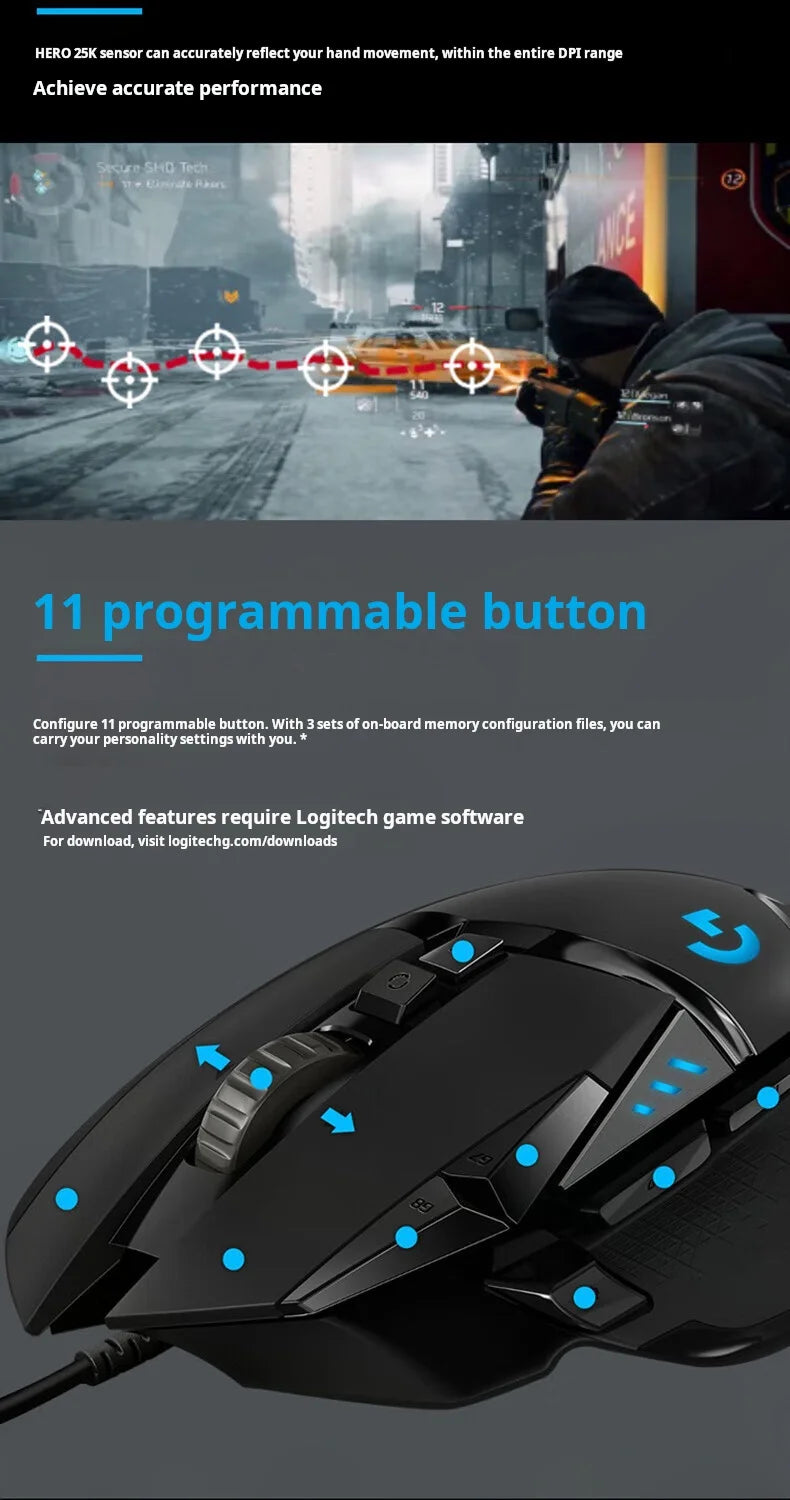Rato Gaming com Fios Logitech G502 HERO de Alto Desempenho, Sensor HERO 25K, 25,600 DPI, RGB, Pesos Ajustáveis, 11 Botões, Rato para PC/Mac