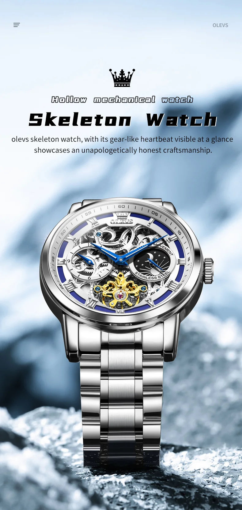 OLEVS 6670 Mens Watch Luxury Brand Skeleton Mechanical Watch Moon Phase Stainless Steel Watches For Man Gifts Box High Quality