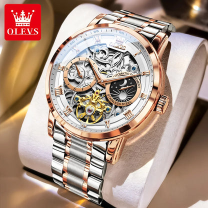 OLEVS 6670 Mens Watch Luxury Brand Skeleton Mechanical Watch Moon Phase Stainless Steel Watches For Man Gifts Box High Quality