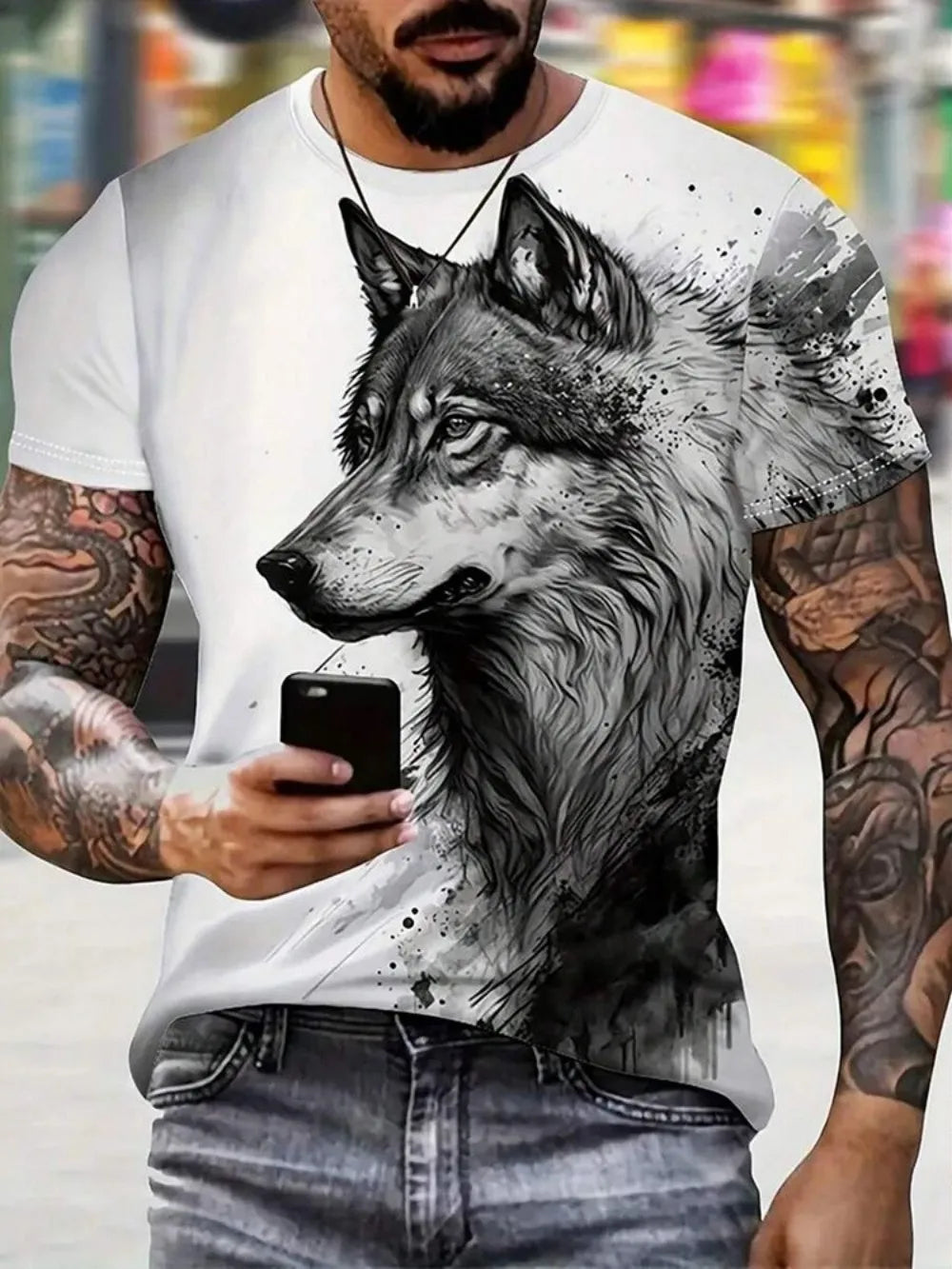 Fashionable summer men's domineering wolf print pattern breathable round neck T-shirt outdoor high street casual top