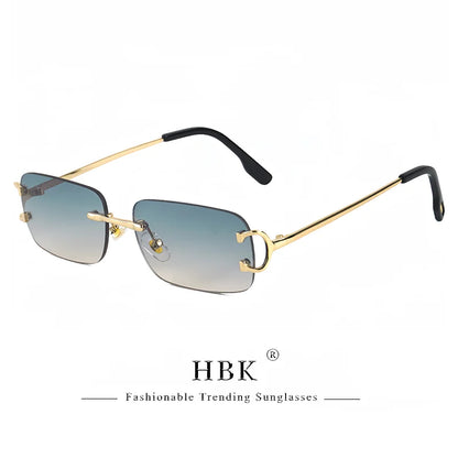 HBK Retro Rimless Sunglasses For Women Men Small Square Gold Frame Brand Design Tea Shades Rectangle UV400 Zonnebril Eyewear