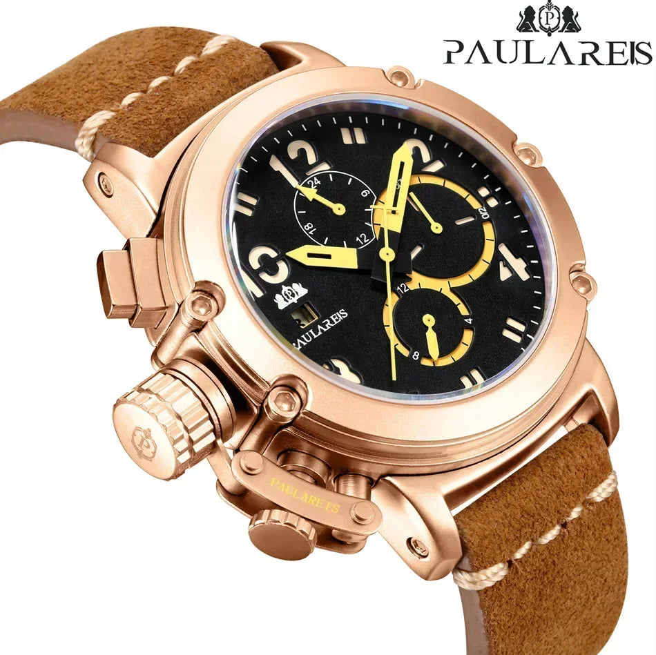 Automatic Watches for Men Mechanical Self Wind Genuine Leather Multifunction Date Boat Month Gold Bronze U Reloj Hombre Baratos