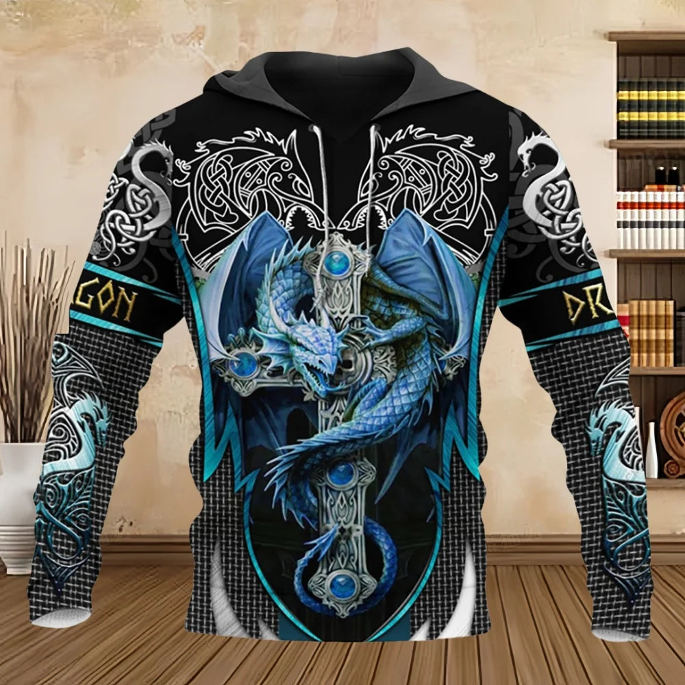 Sweatshirt com Capuz Unissexo para Homem, Manga Comprida, Estampado 3D com Dragão Tattoo, Primavera/Outono, Streetwear Casual, Pullover, Fato de Treino