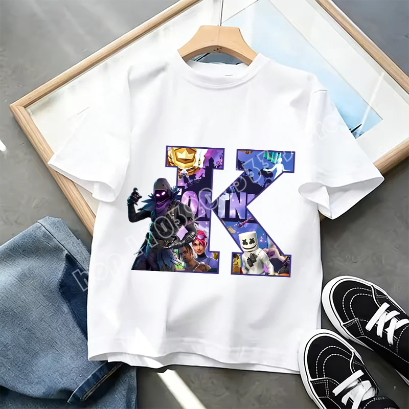 T-shirt Infantil Branco Fortnite com Estampado Alfabeto A-Z — Roupa de Verão, Jogo de Desenhos Animados Popular, Manga Curta Casual, Presente de Moda