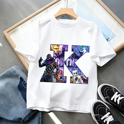 T-shirt Infantil Branco Fortnite com Estampado Alfabeto A-Z — Roupa de Verão, Jogo de Desenhos Animados Popular, Manga Curta Casual, Presente de Moda
