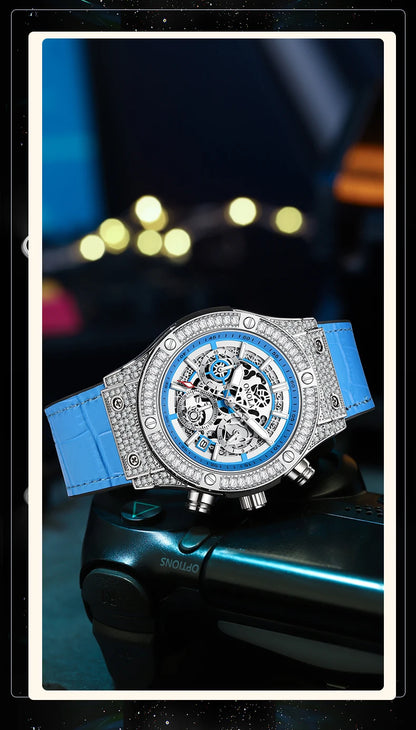 ONOLA Luxury Style Diamond Inlaid Men Quartz Watch Leather Strap Calendar Men Watch 30M Waterproof Men Clock