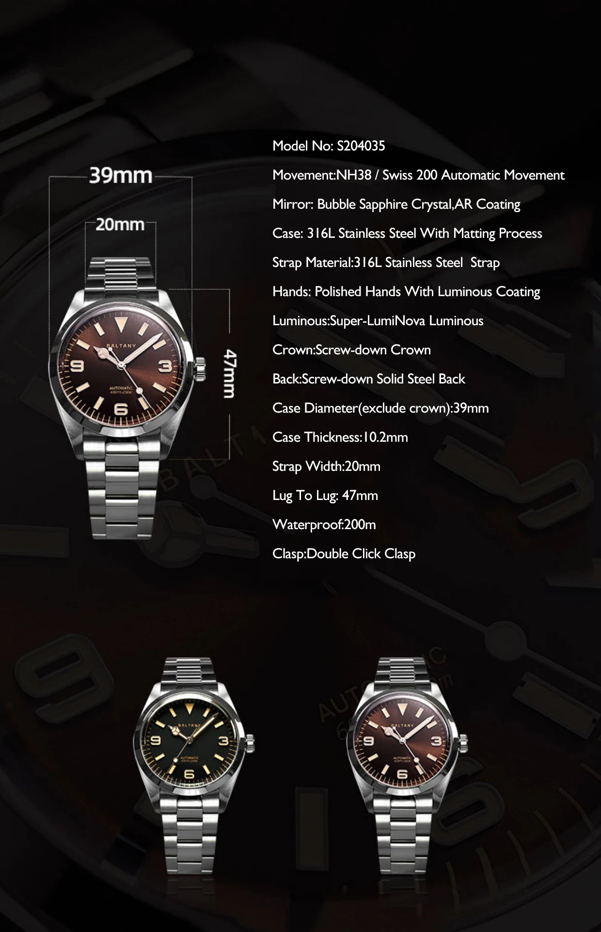 Baltany Men Automatic Watch 39MM Mechaical Wristwatch Bubble Sapphire 20ATM Waterproof C3 Luminous NH38 / SW200