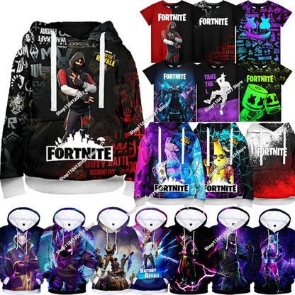 Dziecięca odzież jesienna: bluza z kapturem typu pullover, T-shirt, nowa kolekcja Fortnite, codzienna odzież dziecięca, wygodny streetwear