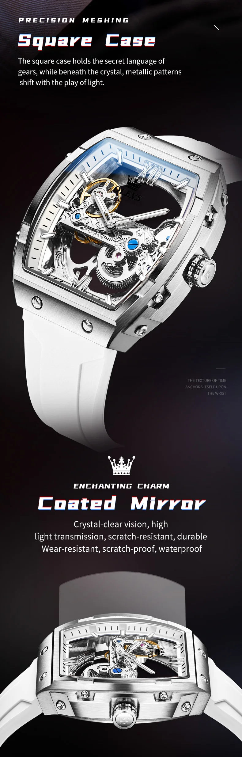  OLEVS Automatic Men Watch White Rubber Strap Mechanical Tourbillon Watches Men Luminous Watches Waterproof