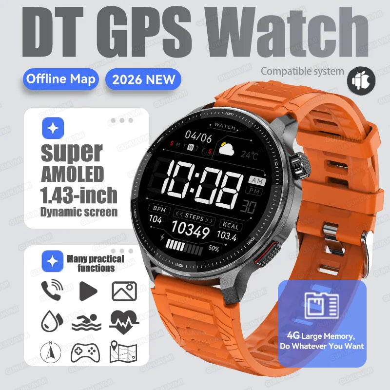 New GPS Offline Maps Smart Watch Men Memory 3D Menu Styles TWS MP3&MP4 Player 1.43"AMOLED Compass Sport Swim Waterproof Bracelet