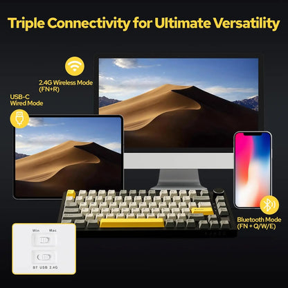 Ajazz AK820 Pro Gaming Mechanical Keyboard 75% Bluetooth/Wireless Customized Gamer Keyboard with TFT Color Screen Knob for PC