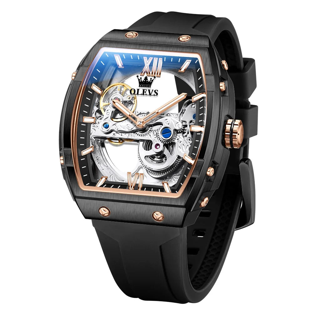  OLEVS Automatic Men Watch White Rubber Strap Mechanical Tourbillon Watches Men Luminous Watches Waterproof