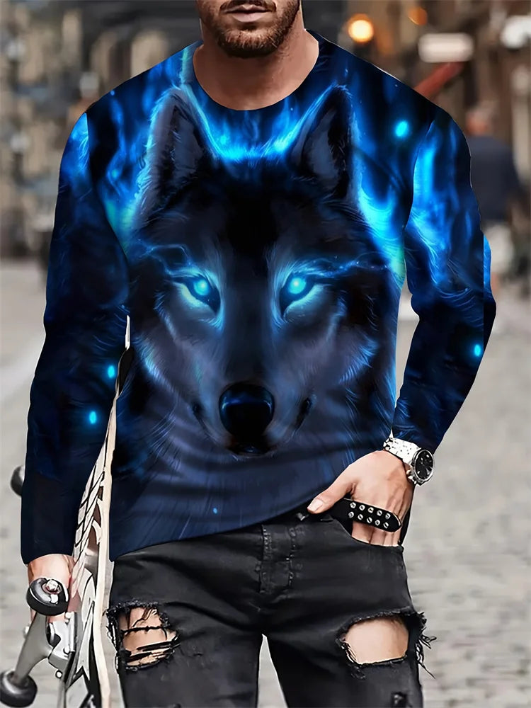 T-shirt de manga comprida para homem com novo estampado de lobo 2024, camisa casual diária de primavera e outono, moda streetwear masculina