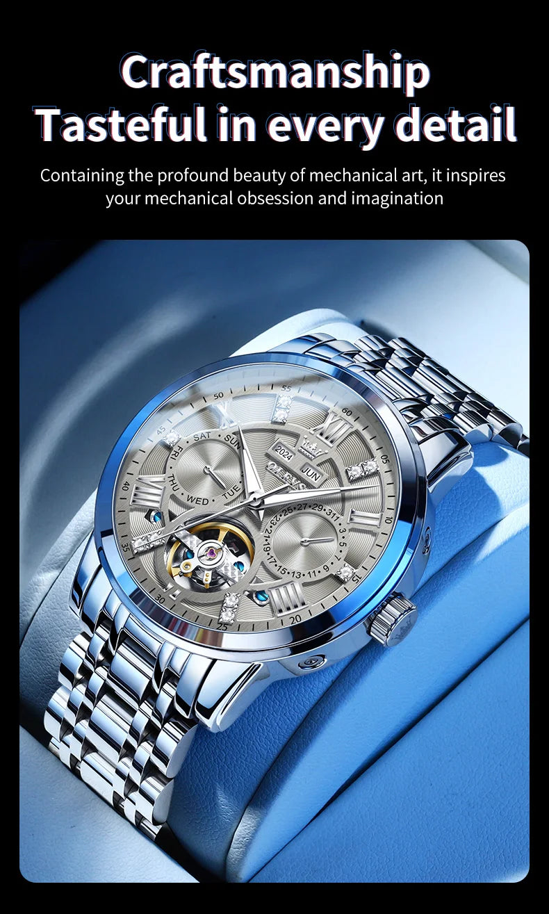 OLEVS 6701 Men's Watch Luxury Waterproof Auto Date Mechanical Watch For Men Hollow Skeleton Diamond Wristwatch Luminous Clock
