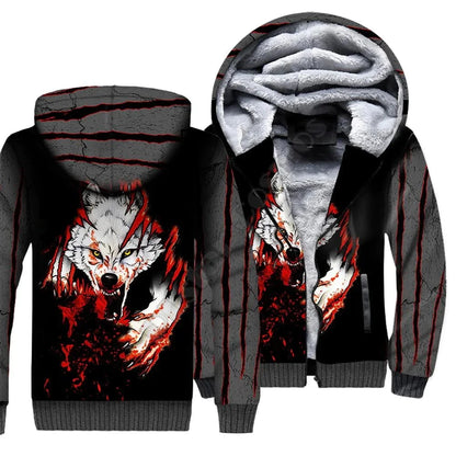 Sweatshirts com Capuz e Fecho em Polar com Estampado 3D de Lobo para Homem e Mulher, Casaco de Inverno Quente em Veludo Duplo Plus, Fatos de Cosplay JR09