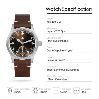 Militado V2 Version Military D12 Watch 36mm AR Sapphire Quartz Movement Watches Waterproof Sub-second Stainless Steel Wristwatch