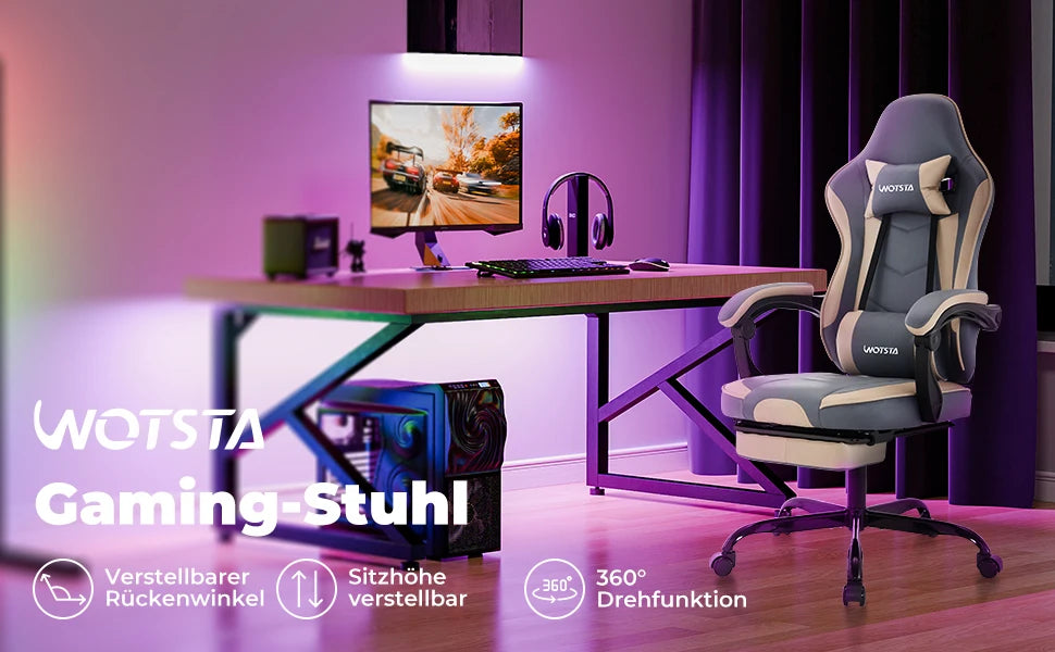 Cadeira Gaming WOTSTA com Apoio para Pés, Cadeira Gamer Ergonómica com Almofada Lombar, Apoio de Cabeça e Altura Ajustável para Computador
