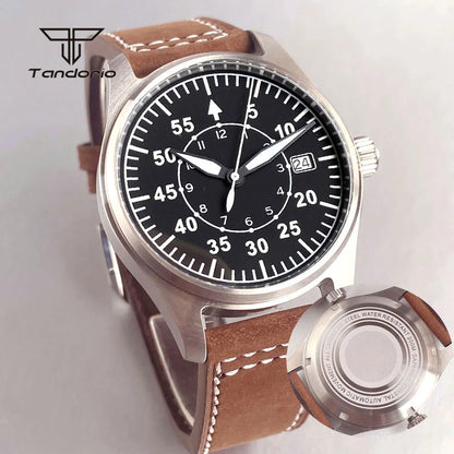 Tandorio 39mm Pilot Men's Diving Automatic Watch AR Sapphire Miyota8215/PT5000 Movt Mechanical Steel Wristwatch 20BAR Green Lume