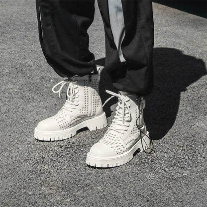 Non-Slip Men's High Top Casual Leather Shoes Street Style Motorcycle Boots New Stylish Ankle Boots Thick Bottom Walking Footwear