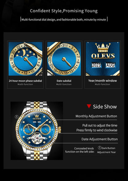 OLEVS 7016 Luxury Automatic Watch Men Skeleton Tourbillon Moon Phase Calendar Waterproof Stainless Steel Mechanical Wristwatch