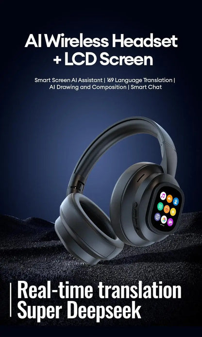 Auscultadores Bluetooth sem fios com ecrã tátil LCD AI – Headset gaming com cancelamento de ruído ANC, graves profundos e microfone HD