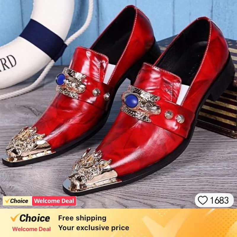 Men Luxury White Gold Metal Toe Oxford Elegant Loafers Slip On Dress Shoes Formal Wedding Party PU Leather Shoes Size 38-46