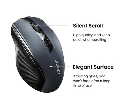 Mouse wireless UGREEN Bluetooth 5.0 ergonomico 4000DPI con 6 pulsanti silenziosi, per MacBook, tablet, laptop, computer e PC, mouse 2.4G