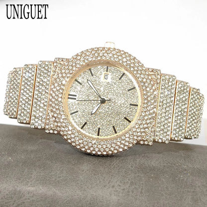 2025 UNIGUET Men's Fashion Iced Watches Luxury Hip Hop Full Diamond Jewelry Quartz Waterproof Business Wrist Watch for Men New