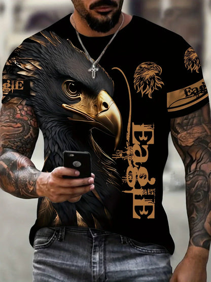 Fashion Men's 3D Eagle Print T-Shirt Black Gold Eagle Graphic Tee Breathable Crew Neck Streetwear Short Sleeve Top for Men